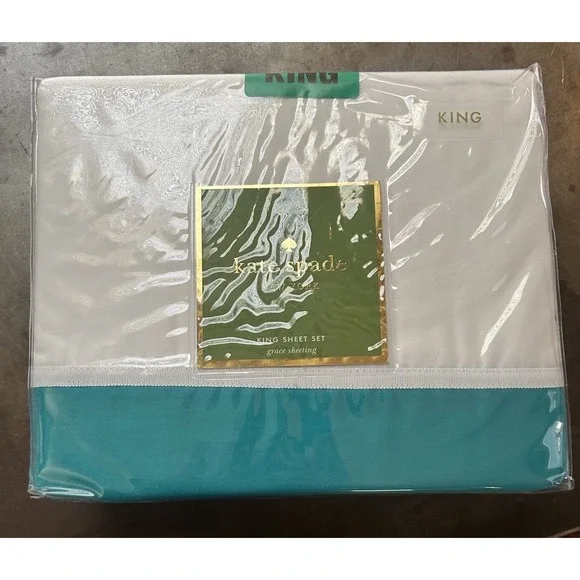 Kate Spade King Sheet Set Grace Sheeting Cotton Turquoise White NWT - Picture 1 of 4